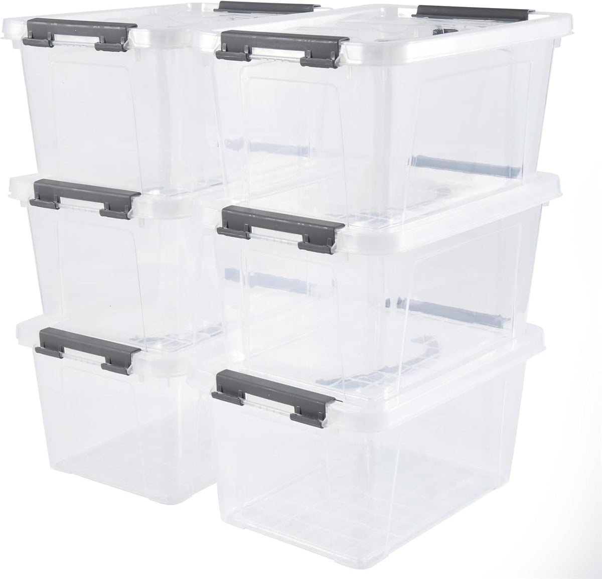 6 Quart Plastic Stackable Storage Latch Bins,Clear Latching Box with Handle and Lid,Pack of 6 (Grey