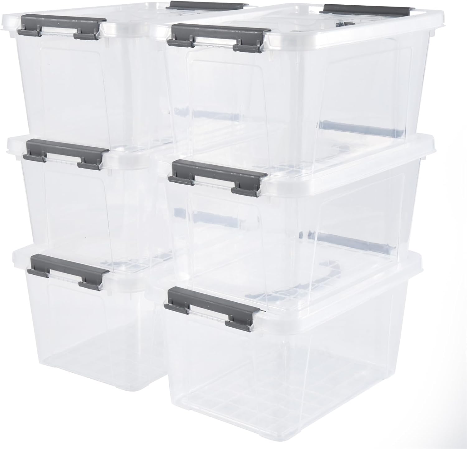 6 Quart Plastic Stackable Storage Latch Bins,Clear Latching Box with Handle and Lid,Pack of 6 (Grey