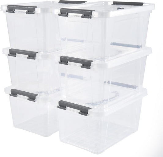 6 Quart Plastic Stackable Storage Latch Bins,Clear Latching Box with Handle and Lid,Pack of 6 (Grey