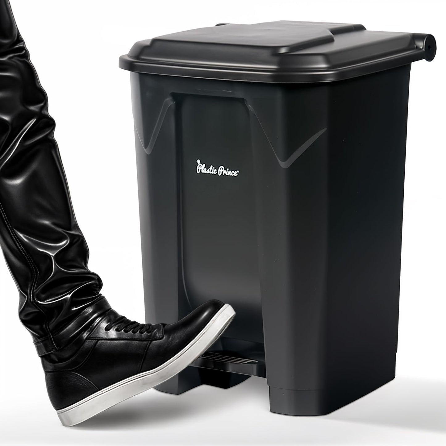 14 Gallon Step-On Trash Can/Container, Black Plastic Dustbin with Lid and Foot Pedal, Hands-Free