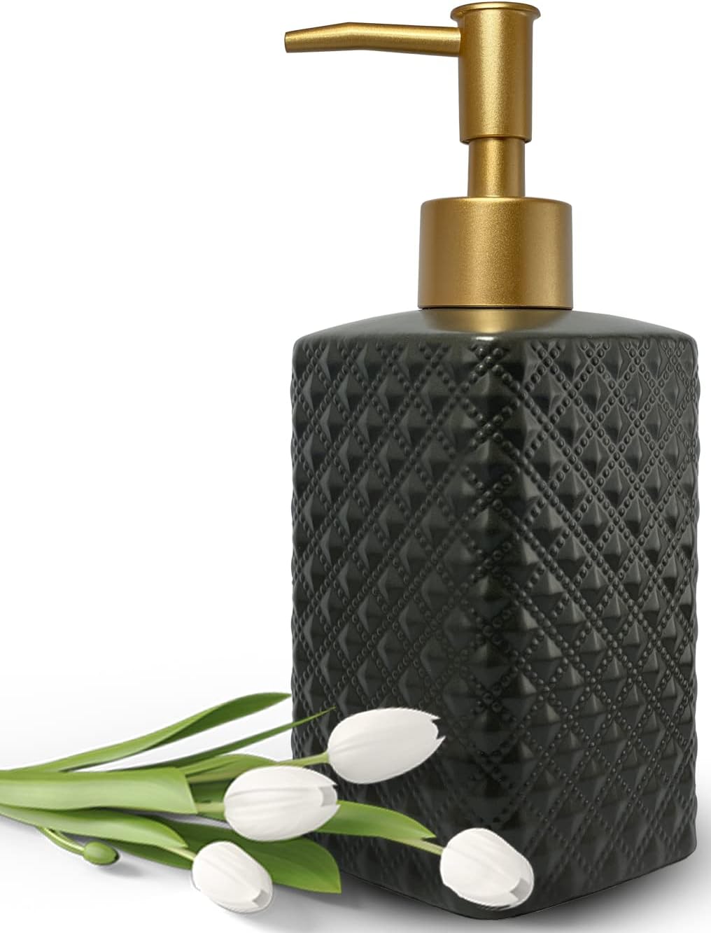 Gold Soap Dispenser for Bathroom,Black Square Lotion Dispenser, Refillable Countertop Ceramic Hand