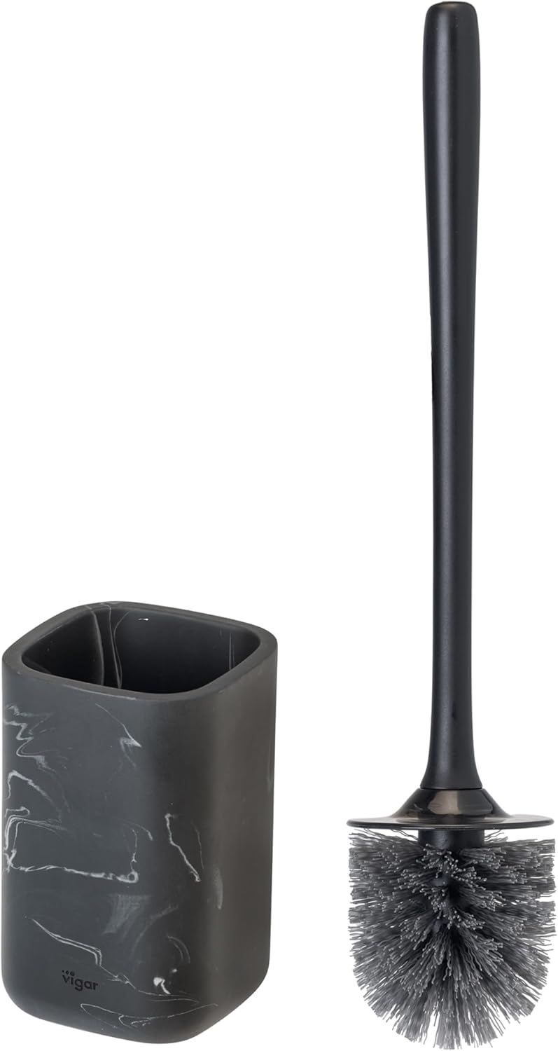Vigar Zense Toilet Brush and Holder Set, Toilet Bowl Brush with Polyresin Stone Holder, Bathroom