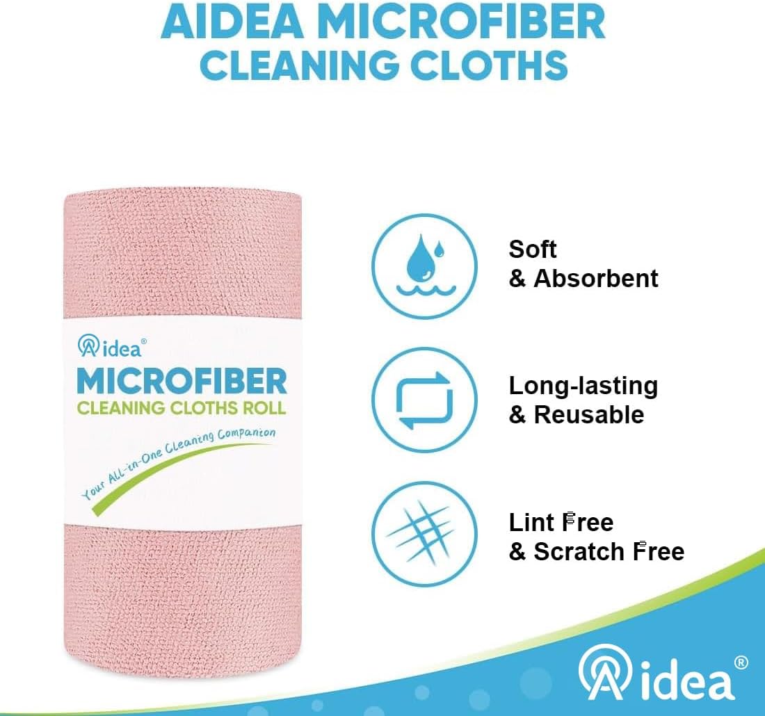 AIDEA Microfiber Cleaning Cloth 165 Sheets 3 Roll, Pink, Microfiber Towels for Cars, Shop Towels