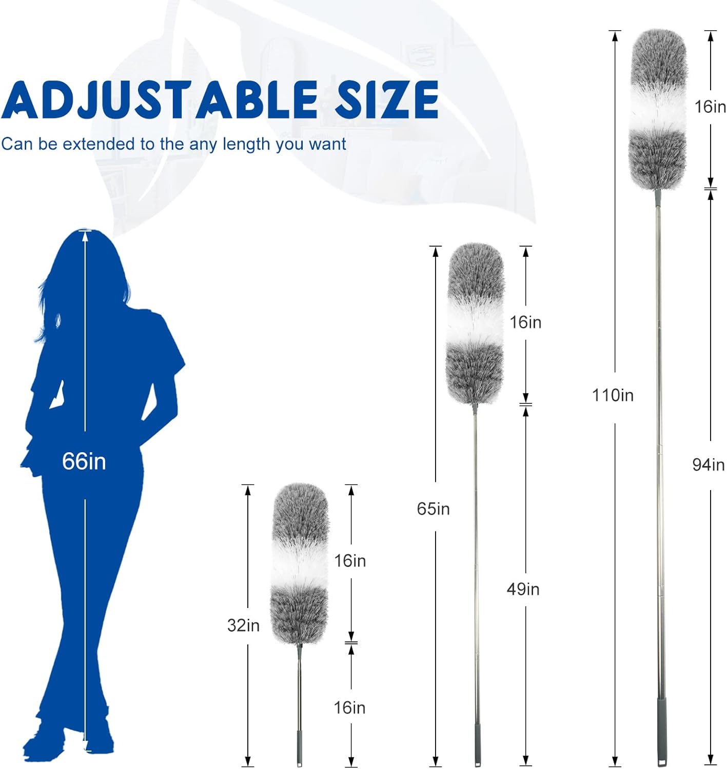 Microfiber Feather Dusters for Cleaning, Extendable Duster with 110" Extension Pole & 2pcs