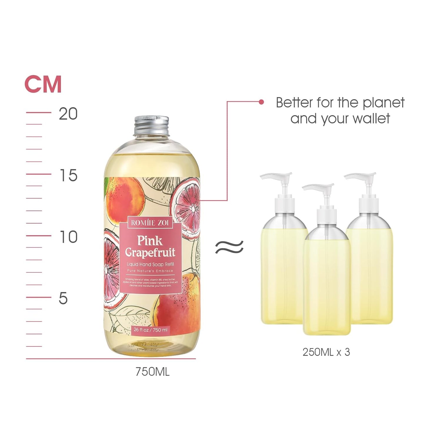ROMIIE ZOI Liquid Hand Soap Refill Gift Set – 3 Pack (26 Fl Oz Each), Pink Grapefruit Scent