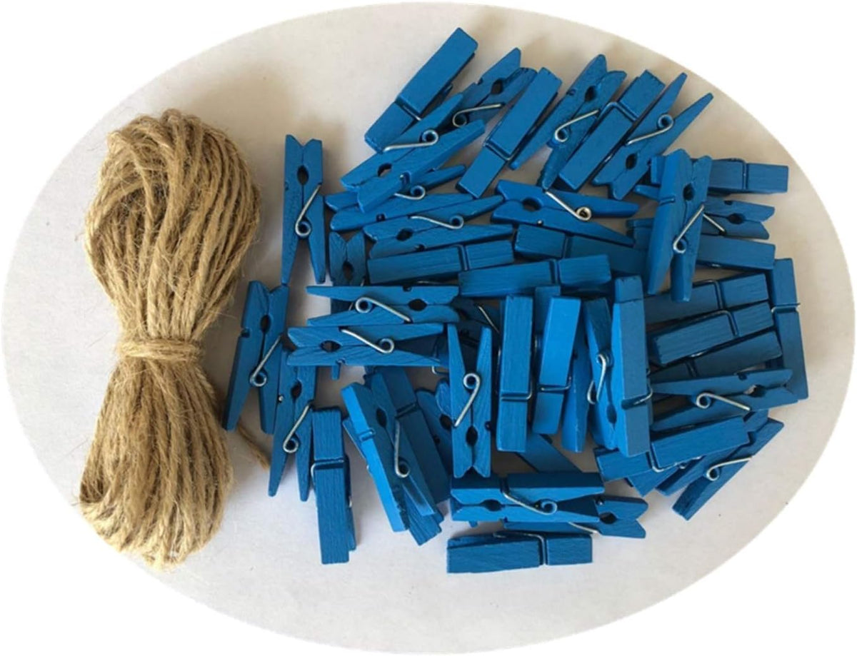 DurReus Wood Clothes Pins for Crafts Party Decor Small Clips Hold Card with Jute Twine Dark Blue
