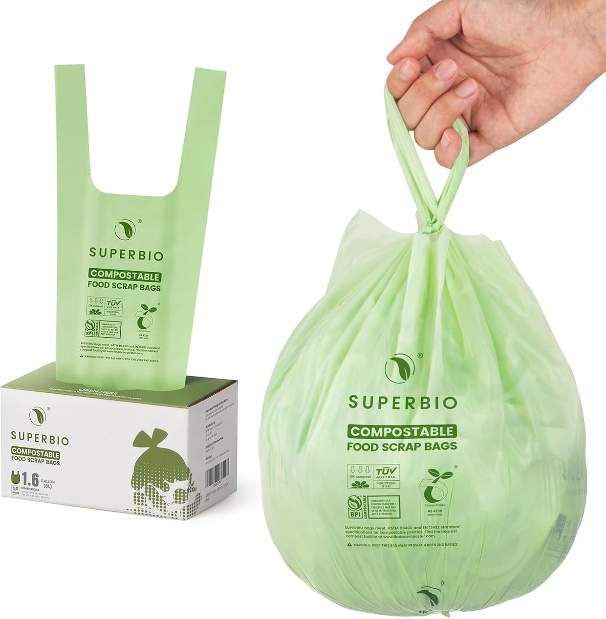 SUPERBIO 1.6 Gallon Handle Tie Compostable Food Scrap Bags For Counter Top Compost Bin, Small