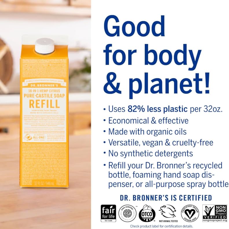 Dr. Bronner's Magic Soap-Pure-Castile Liquid Refill (Citrus, 32 ounce, 2-Pack) - Made with
