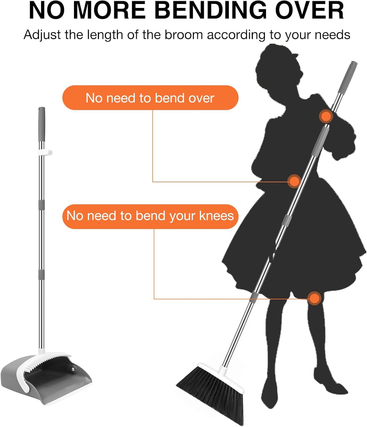 NACENA Broom and Dustpan Set, 52-in Long Adjustable Handle Broom Dustpan Combo with Dustpan Teeth