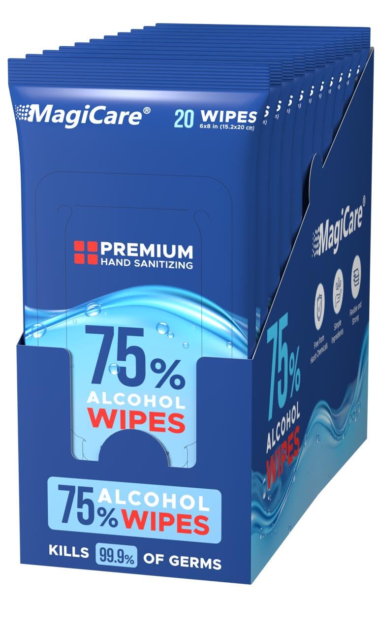 MagiCare 75% Alcohol Hand Sanitizing Wipes (Travel Wipes, 10 Packs) - Premium, Unscented, Large