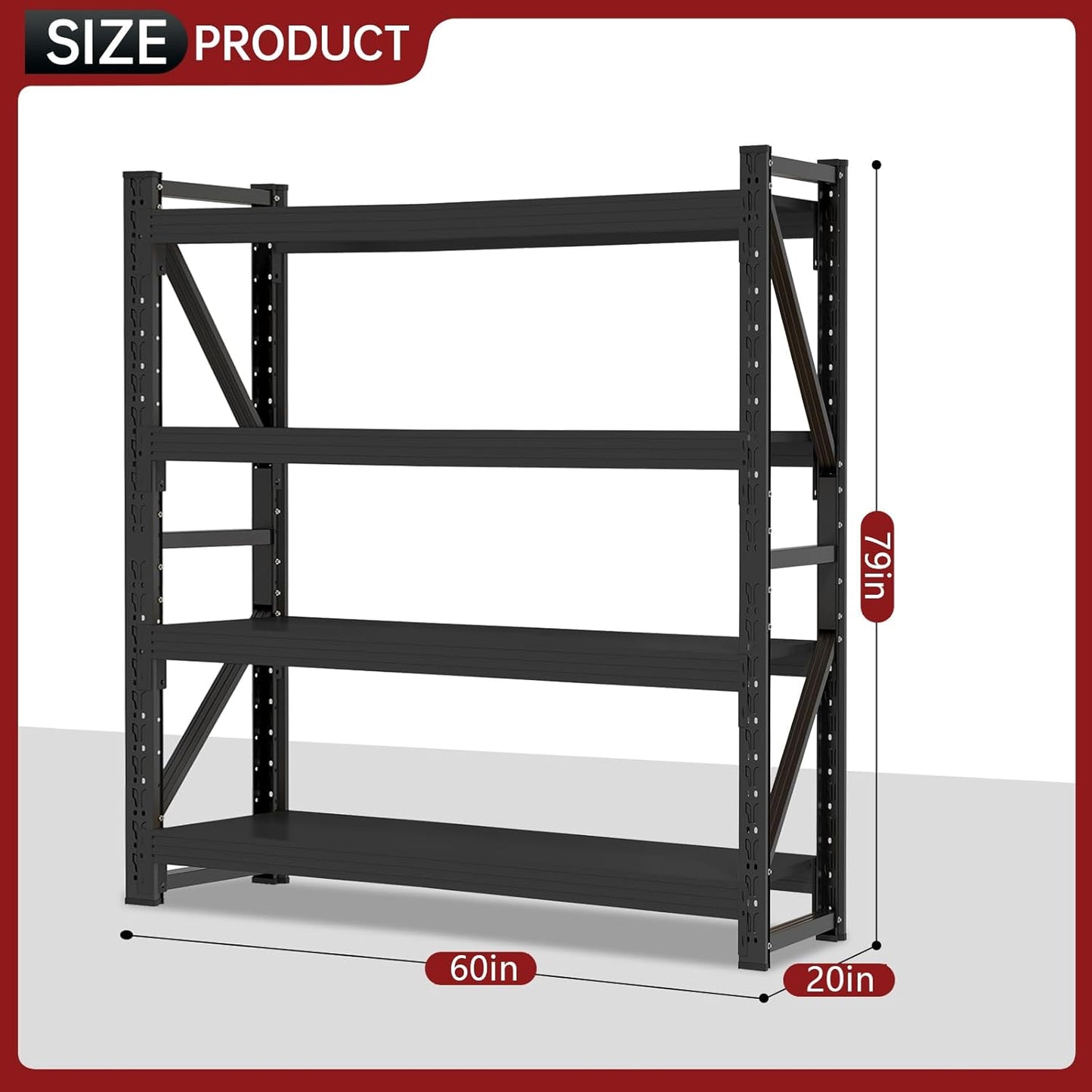 60" W Storage Shelves Heavy Duty, 4 Tier Metal Garage Shelving Units, 5000LBS Heavy Duty Adjustable