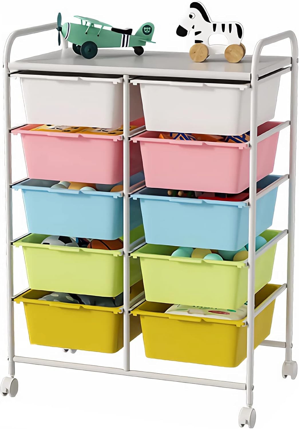 10 Drawers Rolling Storage Cart, Plastic Drawer Cart with Metal Frame, Multipurpose Art Craft Cart