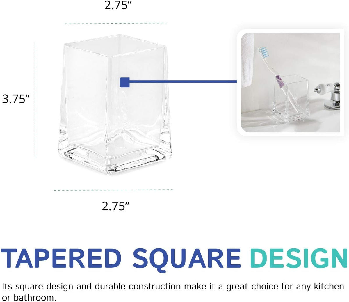 Huang Acrylic Clear Square Tapered Bathroom Toothbrush Holder/Tumbler | Easy to Clean Durable