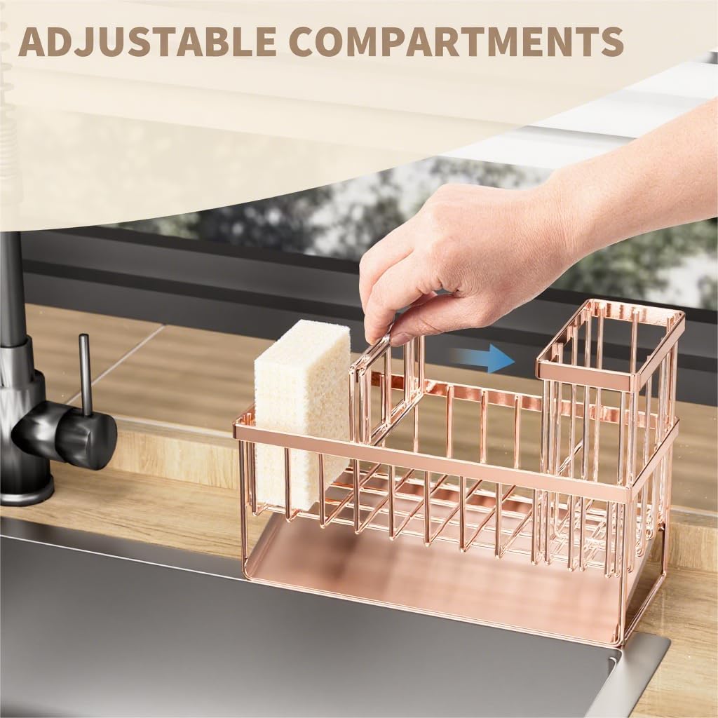 Cisily Sink Caddy Organzier with High Brush Holder, Sponge Holder for Sink, 304 Rustproof