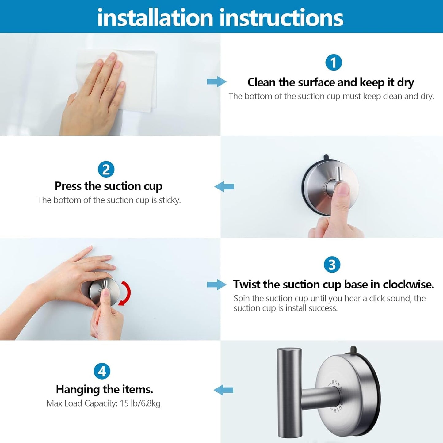DGYB Large Suction Cup Hooks for Shower Set of 2 Brushed Nickel Towel Hooks for Bathrooms 11 Lbs
