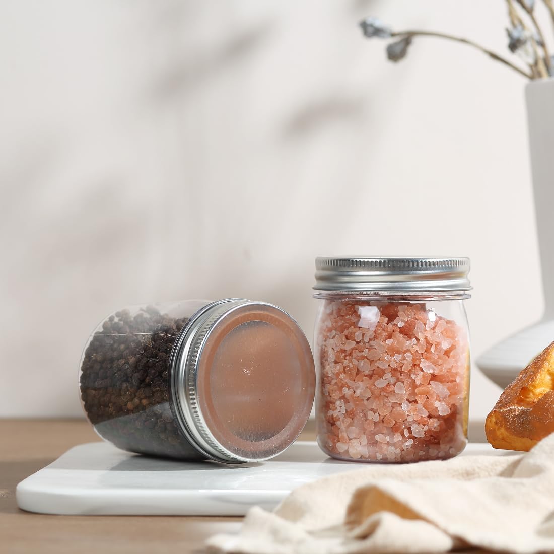 Plastic Mason Jars Reusable Storage Containers with Silver Airtight Lid 8 Ounce Clear Jars for Dry