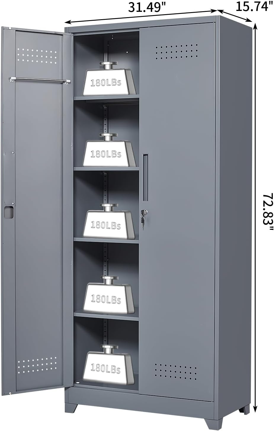 Metal Tool Storage Cabinet, Broom Closet with Hooks, 72.8" Tall Garage Cabinet with Shelves