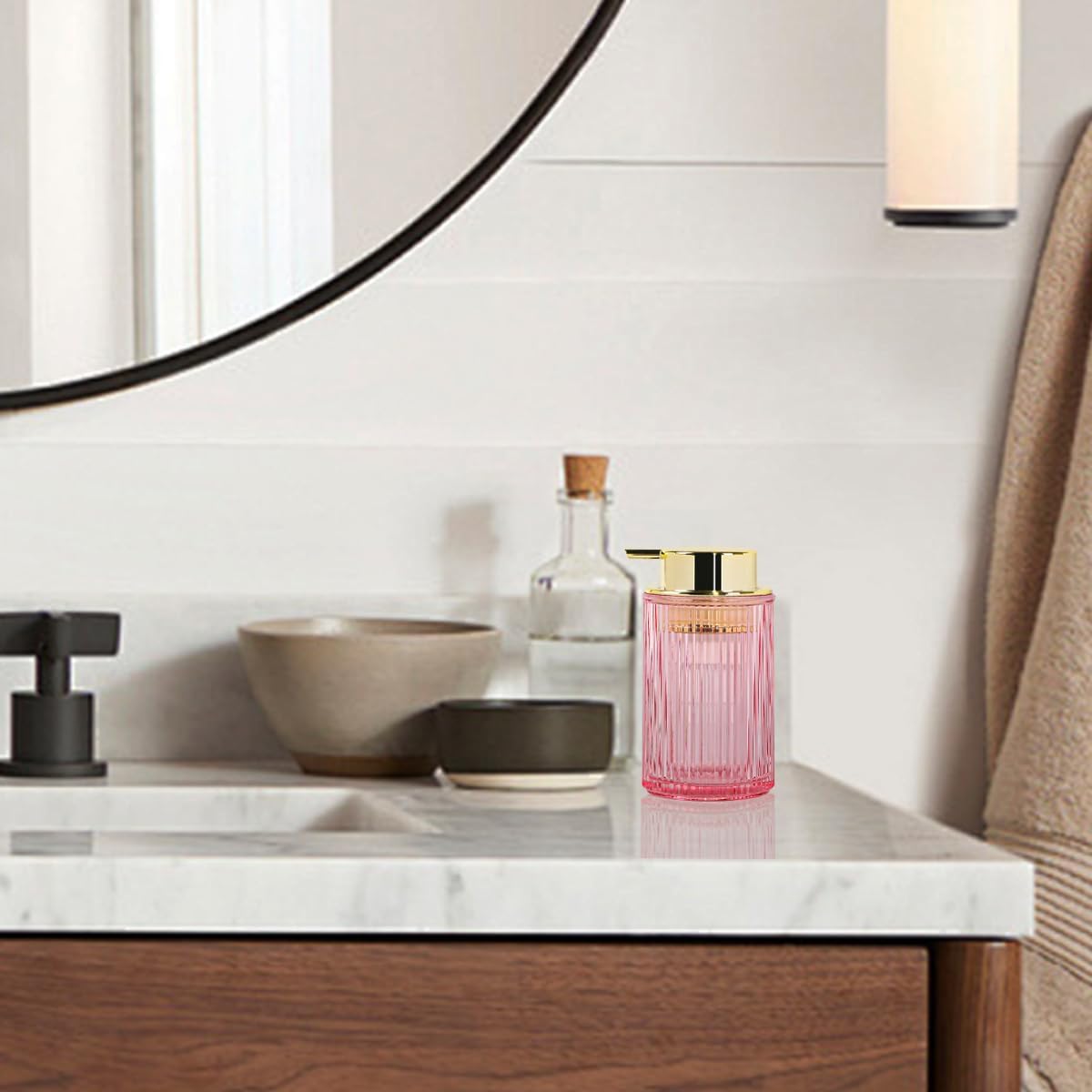 Pink Foaming Soap Dispenser, 12 Oz Glass Foaming Hand Soap Dispenser with Gold Pump, Bathroom