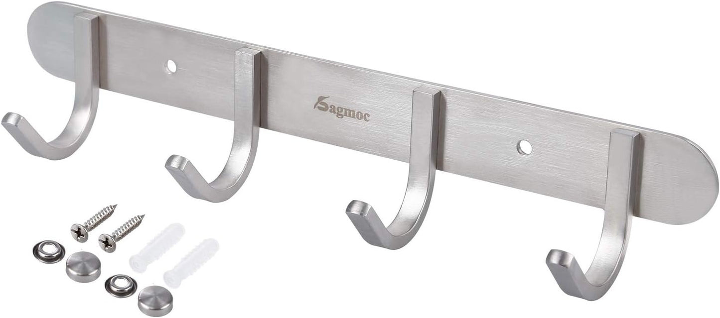 Coat Hook Rack Brushed Nickel 10.6-Inch Coat&Towel Hook Rail Wall Mounted with 4 Hooks, Durable
