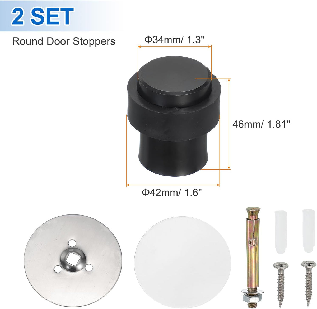 PATIKIL 2Set Round Door Stoppers, 46mm Stainless Steel Door Stop Doorstop Wedge Metal Cylinder Self