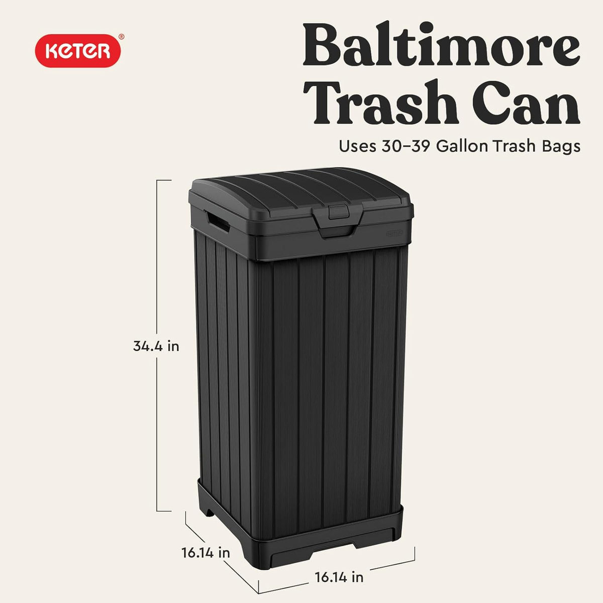 Keter Baltimore Resin 38 Gallon Outdoor Kitchen Trash Can with Lid and Drip Tray for Easy