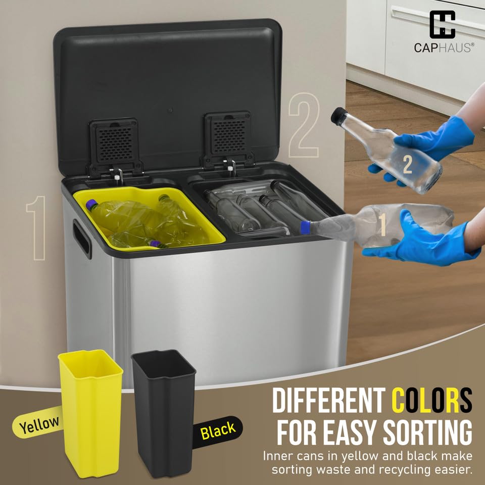 CAPHAUS Black Dual Trash Can w/Single Lid, Trash & Recycle Bins Combo, Hands-Free Stainless-Steel