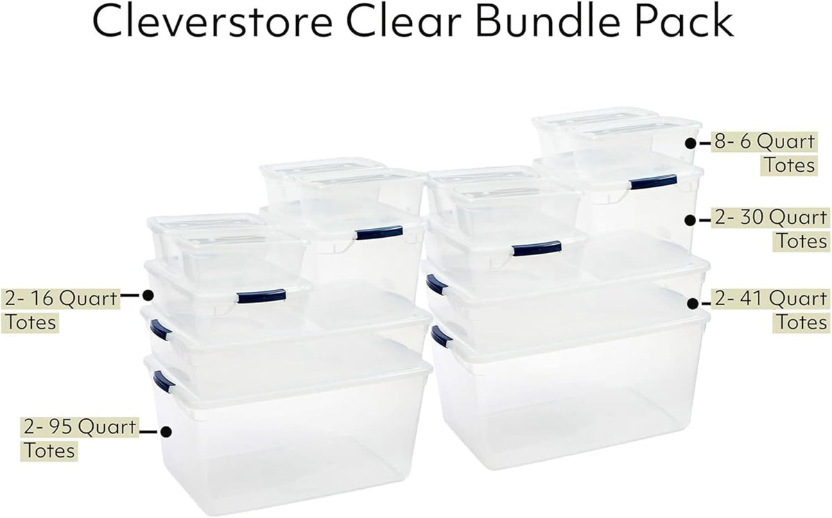 Rubbermaid Cleverstore Clear Dorm Variety 16-Pack, Made in USA, Stackable Large Clear Storage Bins