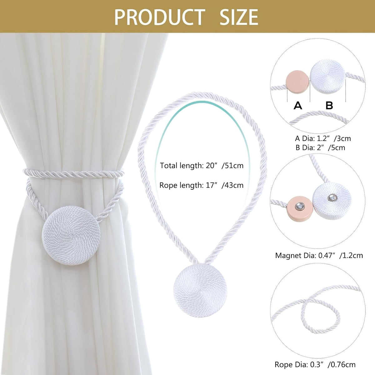 Magnetic Curtain Tiebacks - 12mm Magnetic Tie Backs for Curtains, Heavy Duty No Drill Curtain