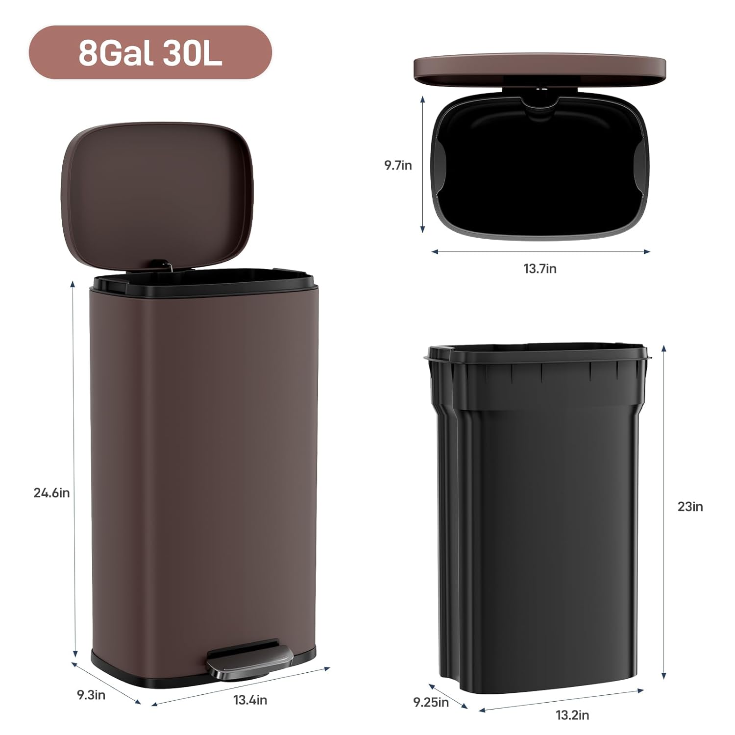 Arlopu 8 Gallon Step Trash Can, Stainless Steel Garbage Bin, Soft-Close Rubbish Bin with Removable