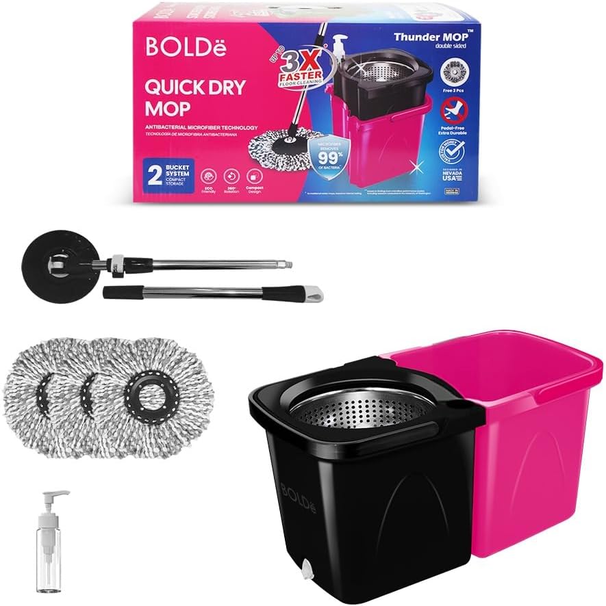 Thunder Mop Spin System - 2 Compact Stackable 6L Buckets, Microfiber Head, Stainless Steel Wringer