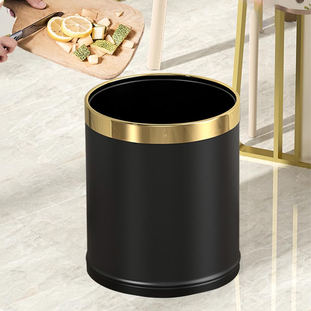 14L/3.7GAL Black and Gold Open Top Trash Can - Metal Office Wastebasket Without Lid for Office
