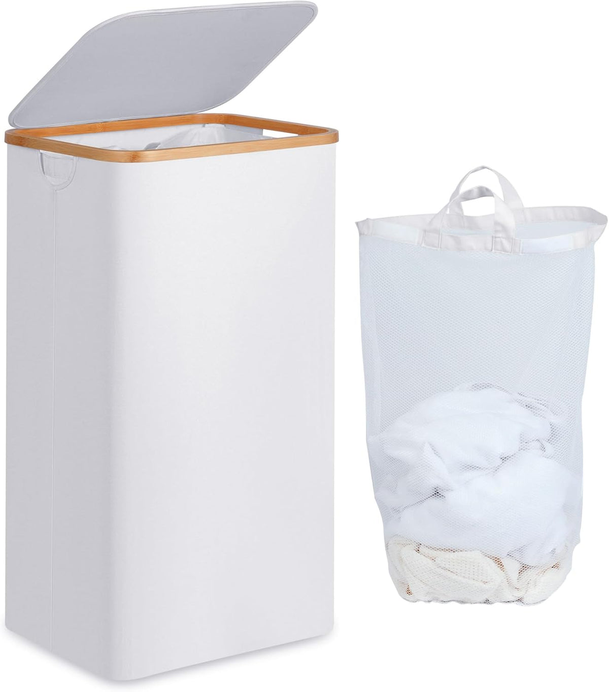 efluky Laundry Hamper with Lid, 100L Tall Laundry Basket with Bamboo Handles for Clothes and Toys