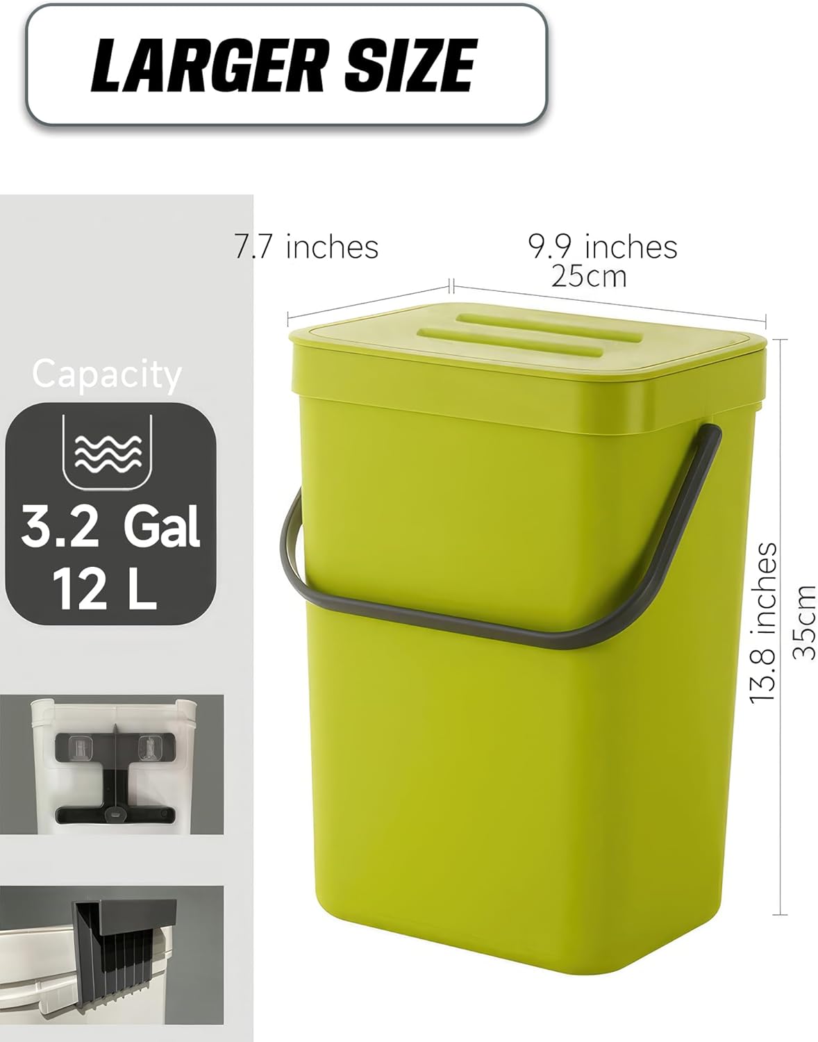 Kitchen Compost Bin - 3.2 Gallons Hanging Trash Can with Lid for Kitchen Bathroom, Under Sink Trash