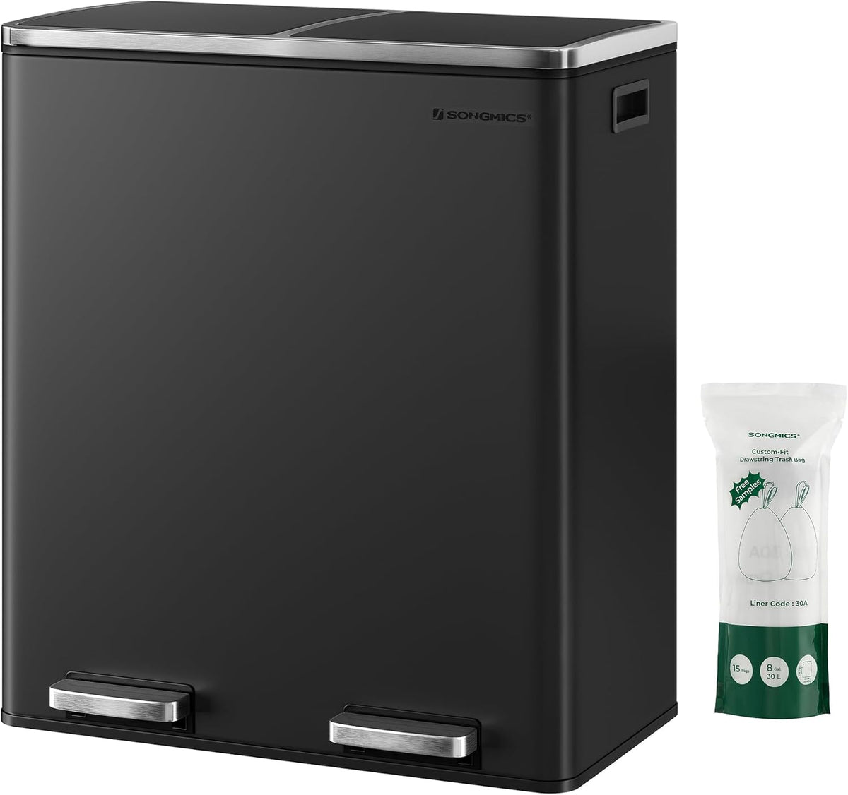 SONGMICS Trash Can, 2 x 8 Gallon (2 x 30 L) Garbage Can for Kitchen, with 15 Trash Bags, 2