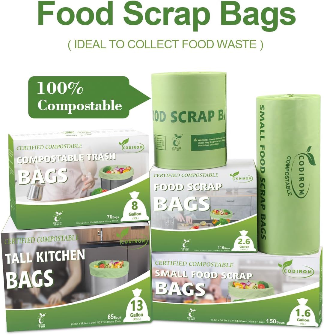 100% Compostable 1.6 Gallon Trash Bags, 6 Liter, 150 Count Kitchen Food Scrap Small Compost Bags
