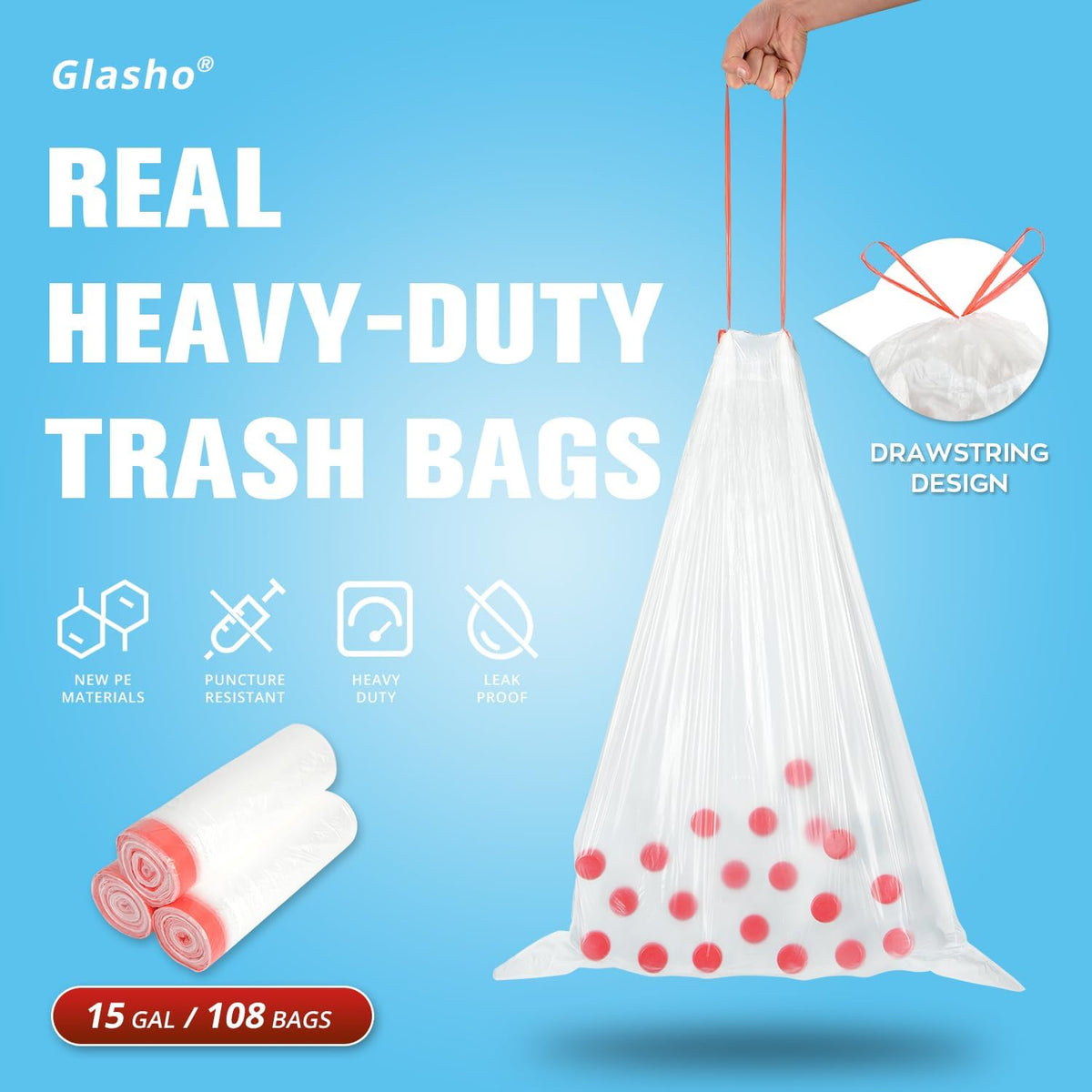 Heavy Duty 15 Gallon Drawstring Trash Bags, 108 Count Ultra Thick Strong Plastic Garbage Bags