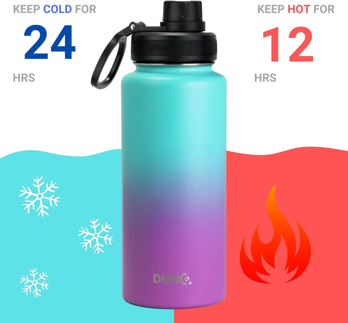 DRINCO Stainless Steel Water Bottle Spout Lid Vacuum Insulated Double Wall Water Bottle Wide Mouth