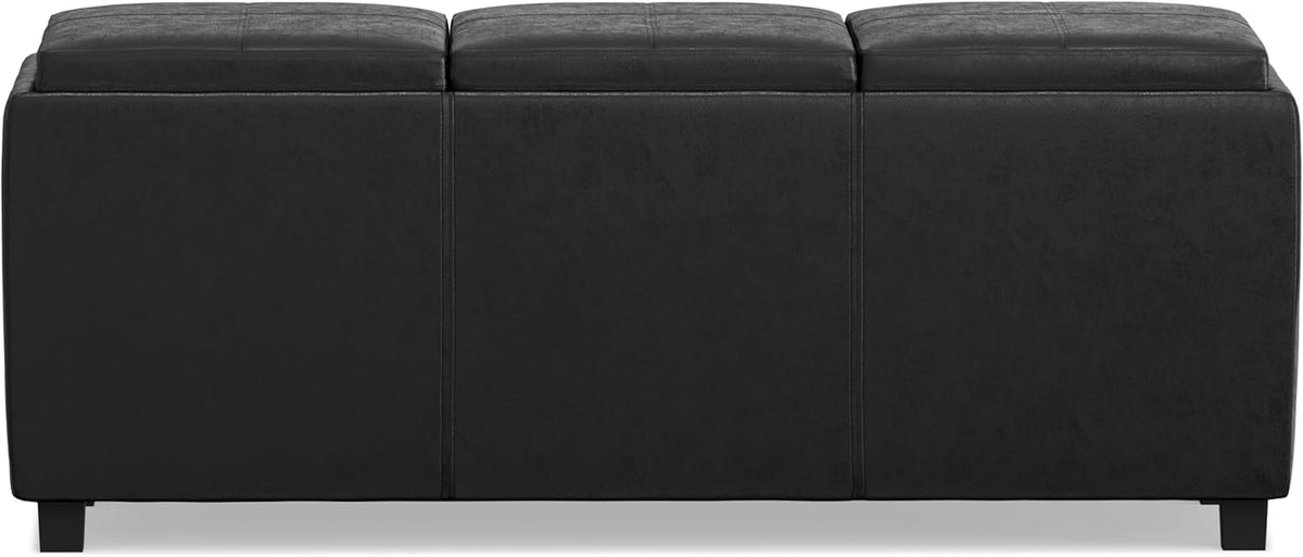 SIMPLIHOME Avalon 42 inch Wide Contemporary Rectangle Storage Ottoman in Distressed Black Vegan