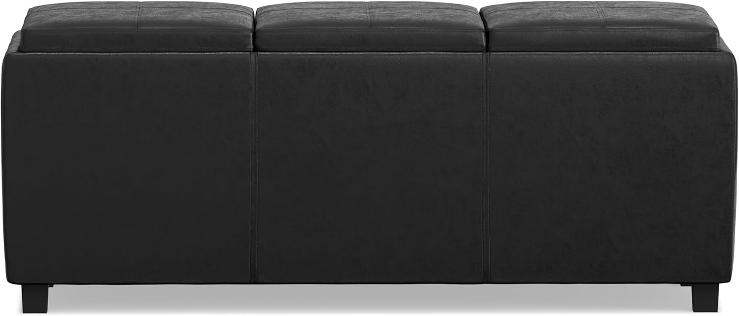 SIMPLIHOME Avalon 42 inch Wide Contemporary Rectangle Storage Ottoman in Distressed Black Vegan