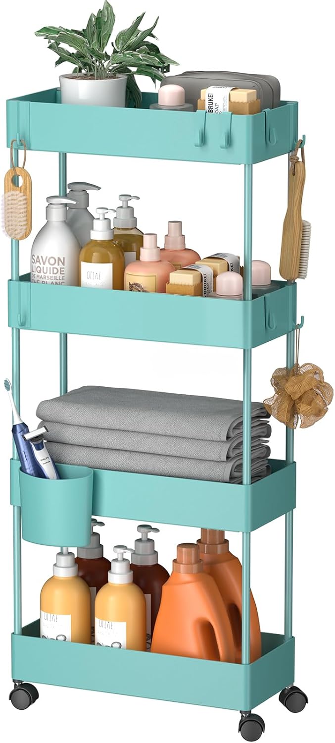 Pipishell Slim Storage Cart with Wheels, 4 Tier Bathroom Storage Organizer Rolling Utility Cart for