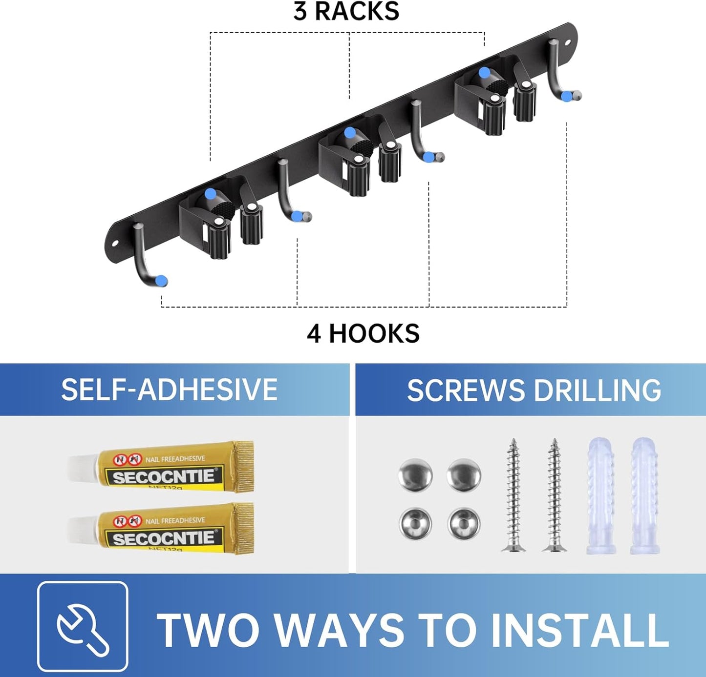 ZONGOOL Mop and Broom Holder Wall Mount, Broom Organizer Mop and Broom Storage Tool Racks Stainless