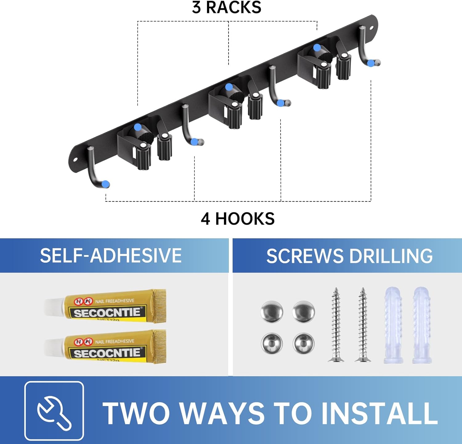 ZONGOOL Mop and Broom Holder Wall Mount, Broom Organizer Mop and Broom Storage Tool Racks Stainless
