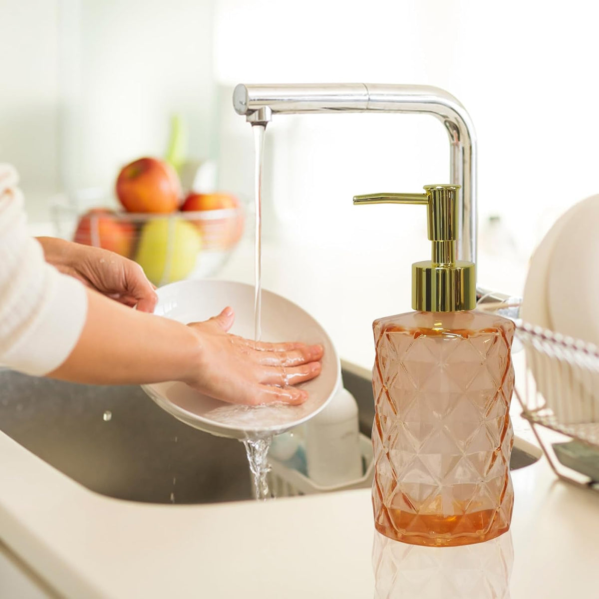 Glass Soap Dispenser with Gold Plastic Pump, 12oz Refillable Liquid Hand Soap Dispenser, Crystal