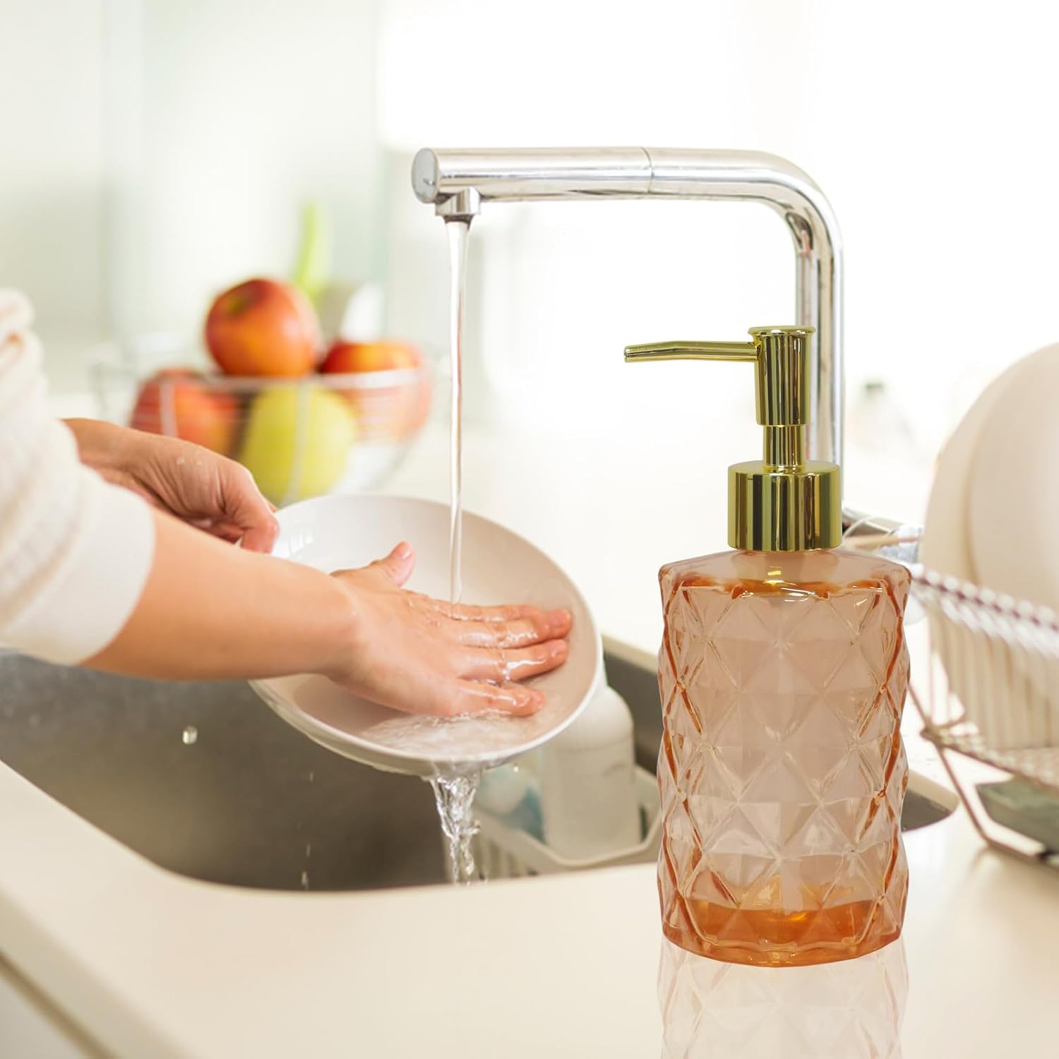 Glass Soap Dispenser with Gold Plastic Pump, 12oz Refillable Liquid Hand Soap Dispenser, Crystal