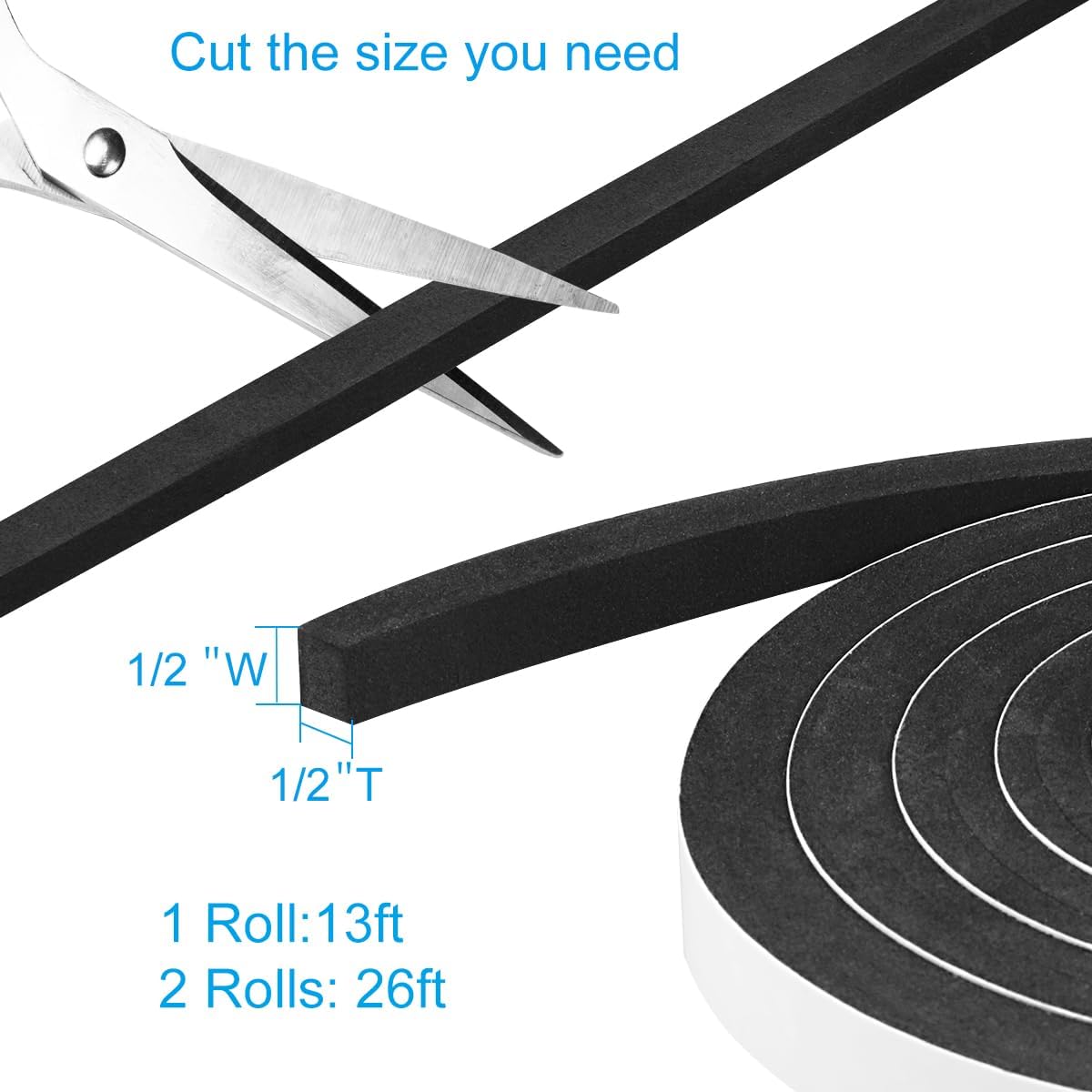 Seal Foam Tape, 2 Rolls 1/2 Inch W x 1/2 Inch T Weather Stripping for Door and Window,High Density