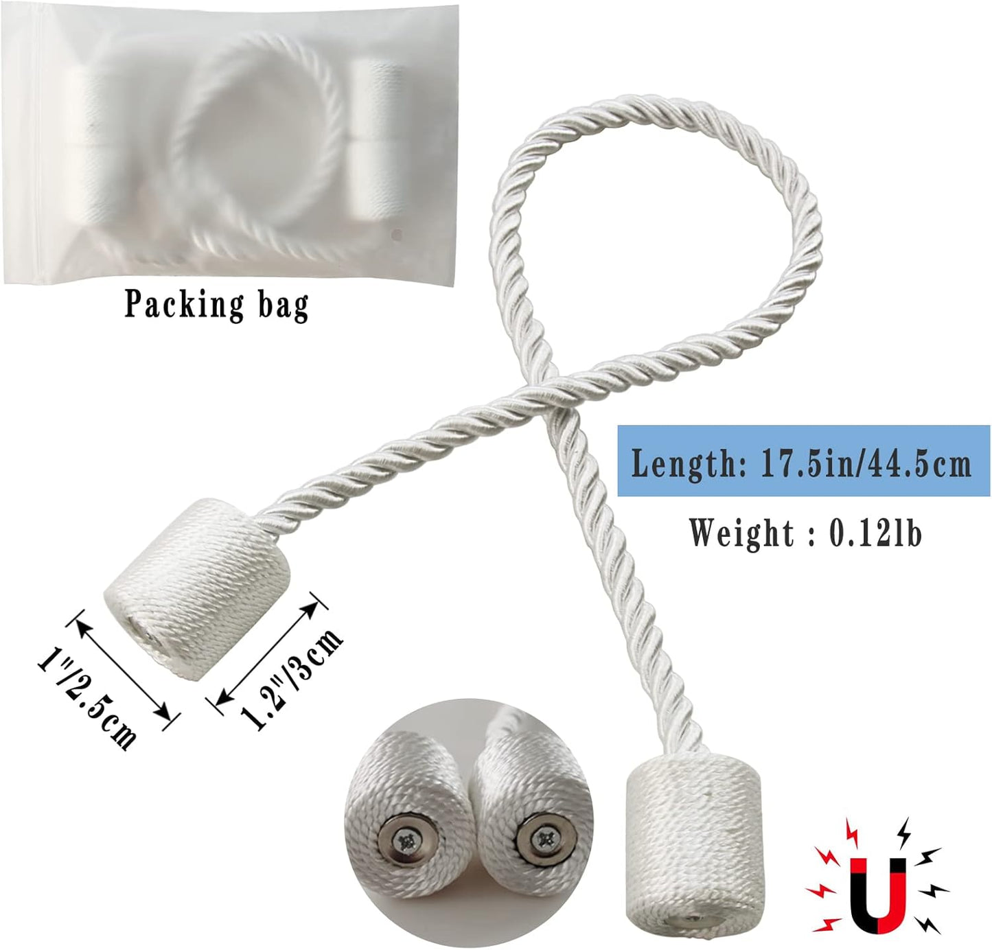 Magnetic Curtain Tiebacks 4 Pack White Curtain Rope Tieback Curtain Holders for Drapes Modern Tie