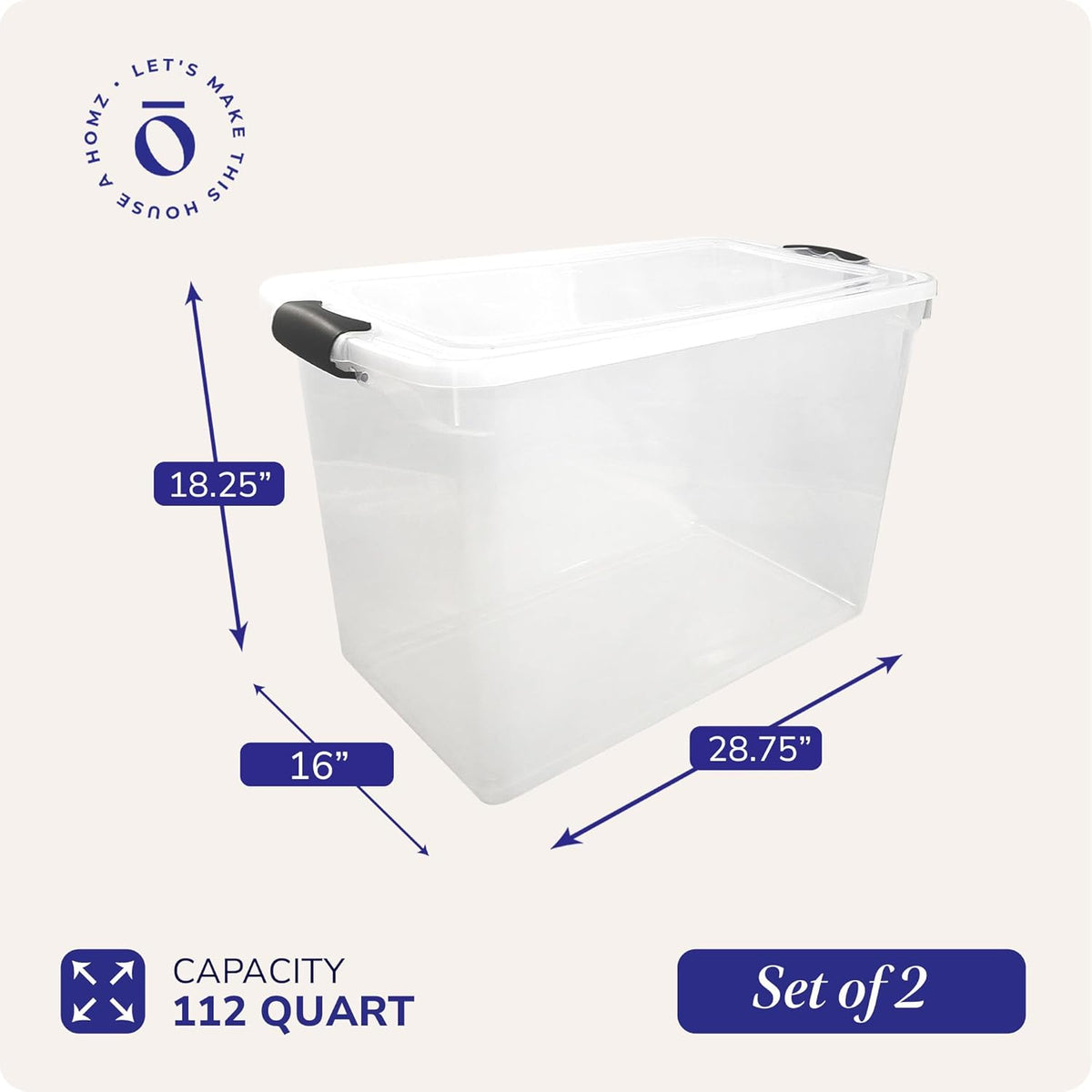 HOMZ 2-Pack Latching Lid, Large Clear Plastic Storage Bins w/Lids, 112 Quart, Gray Latch