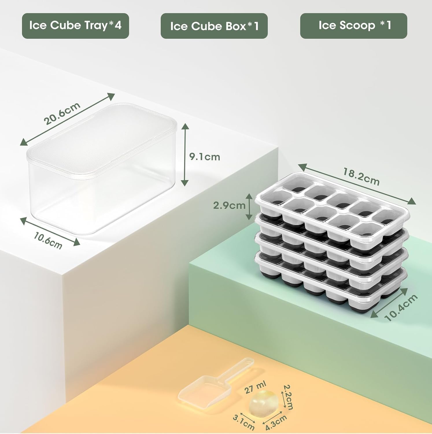 DOQAUS Ice Cube Tray with Lid and Bin, 4 Pack Silicone Plastic Ice Cubes Trays for Freezer with