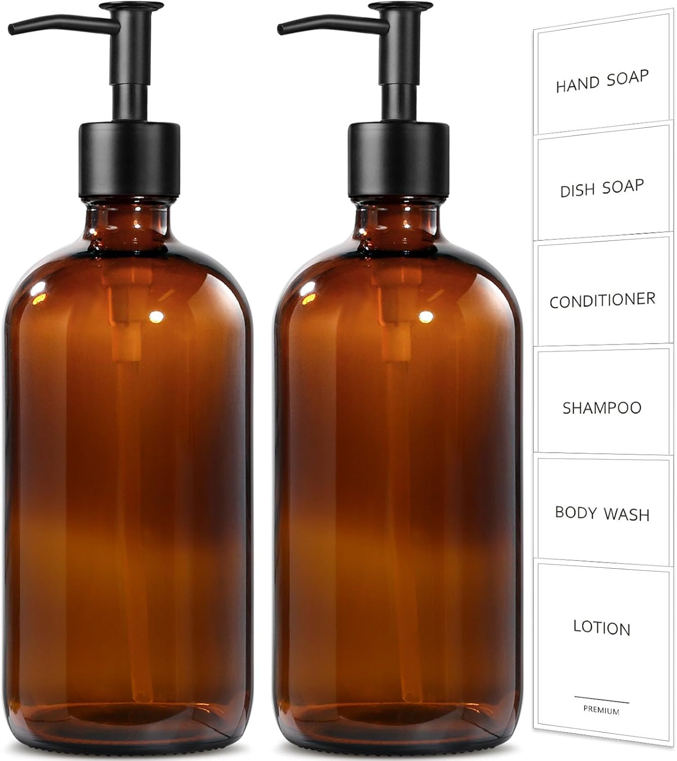 GMISUN Amber Glass Soap Dispenser, 2 Pack Bathroom Hand Soap Dispensers with Stainless Steel Pump