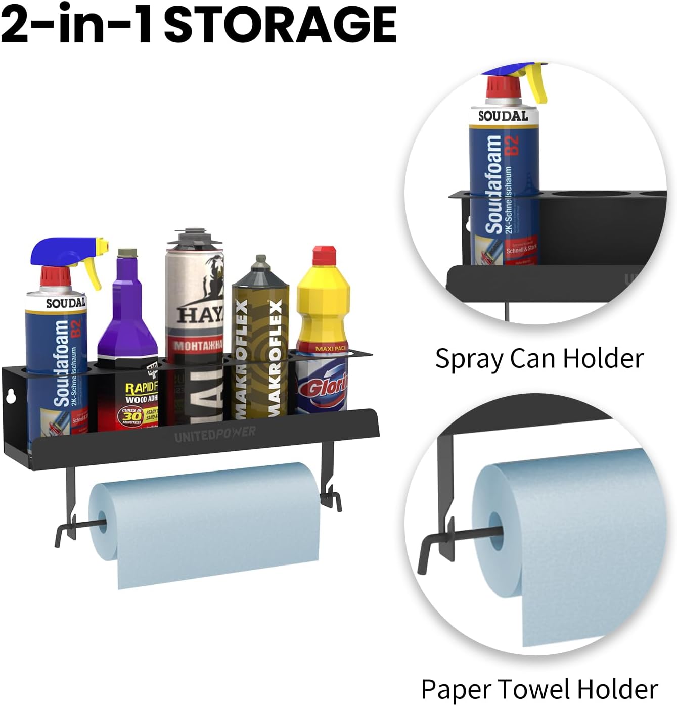 UNITEDPOWER 5 Aerosol Spray Can/Paper Towel Holder, Paint Bottle Storage Rack, Steel Wall Mount